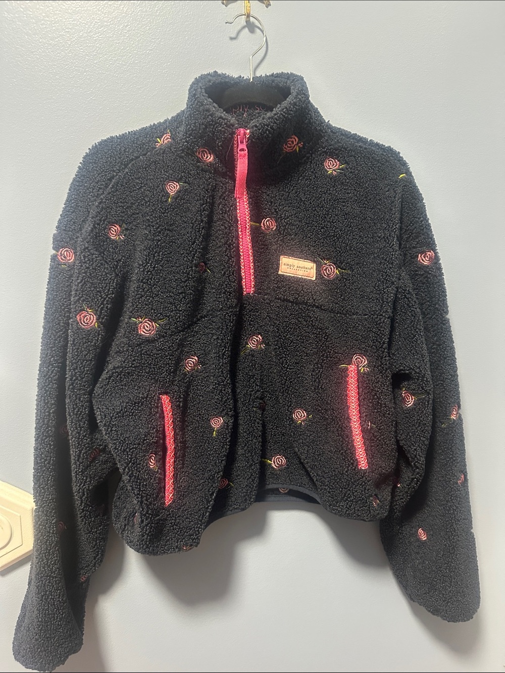 Simply Southern Black Teddy Jacket with Pink Rose Accents M
